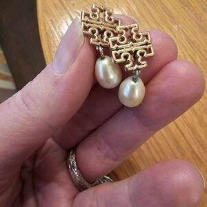 Tory Burch Gold Logo Earrings with Pearl Drops